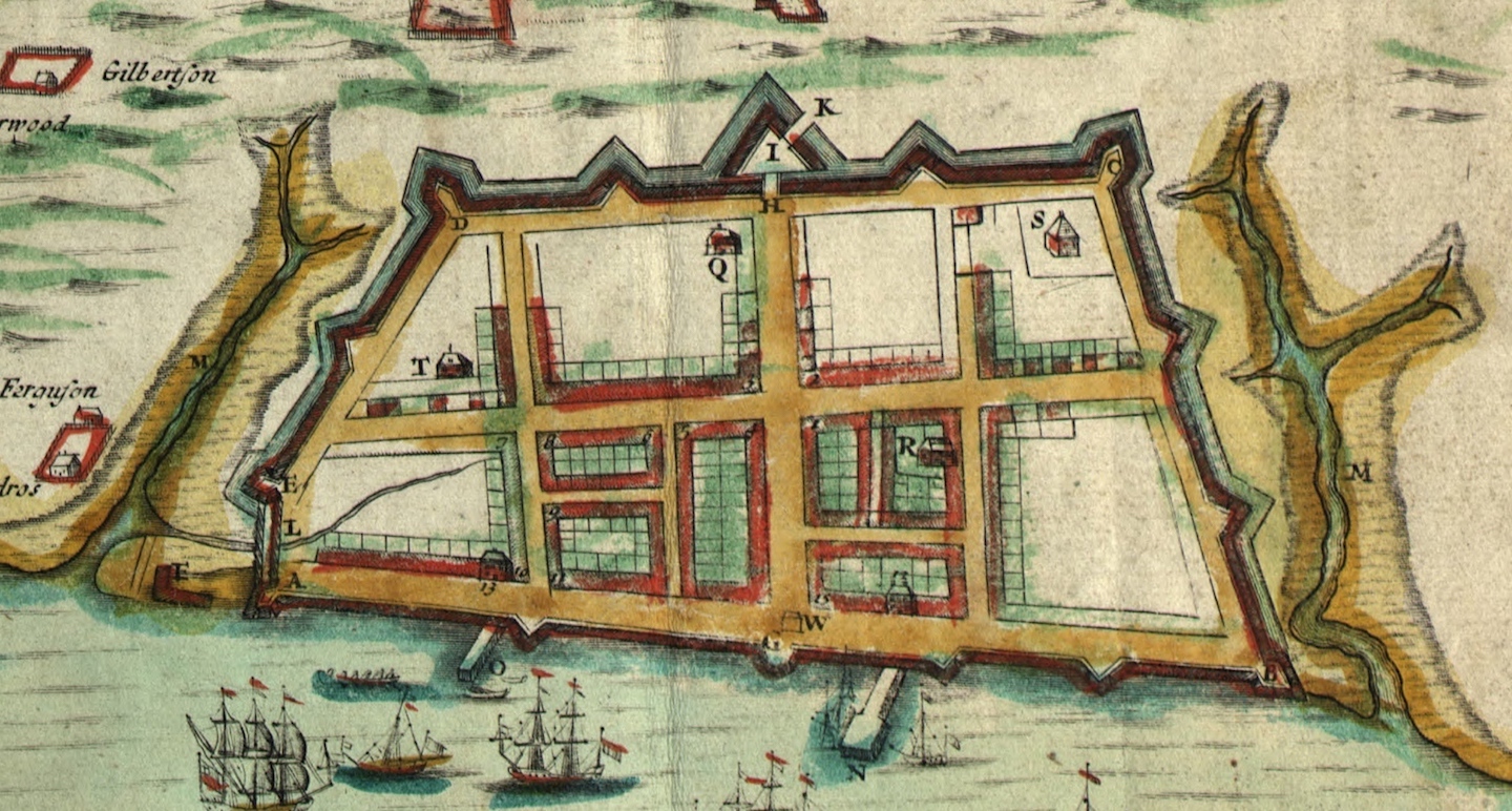 A close up of the walled city in the 1711 Crisp map.