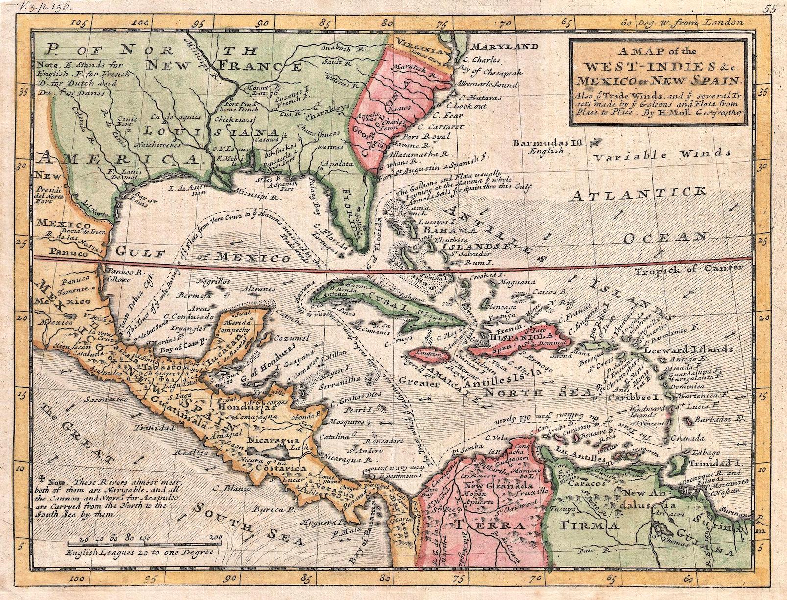 1732 Map of the West Indies and New Spain, published by Herman Moll.