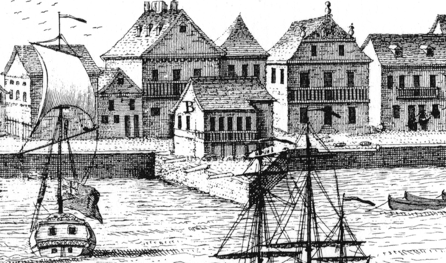 A 1739 depiction of the east end of Tradd Street in Charleston. The Court Room sits above the Exchange.