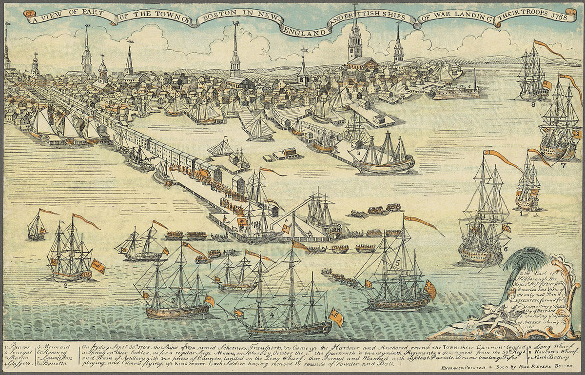 The view of British troops landing at Boston, an engraving by Paul Revere.