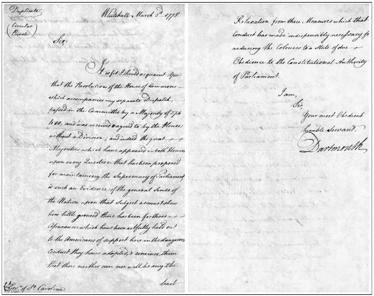 Lord Dartmouth&#039;s letter to Lt. Gov. William Bull, dated Whitehall, March 3rd 1775, from the Robert W. Gibbes Collection of Revolutionary War Manuscripts at the South Carolina Department of Archives and History.