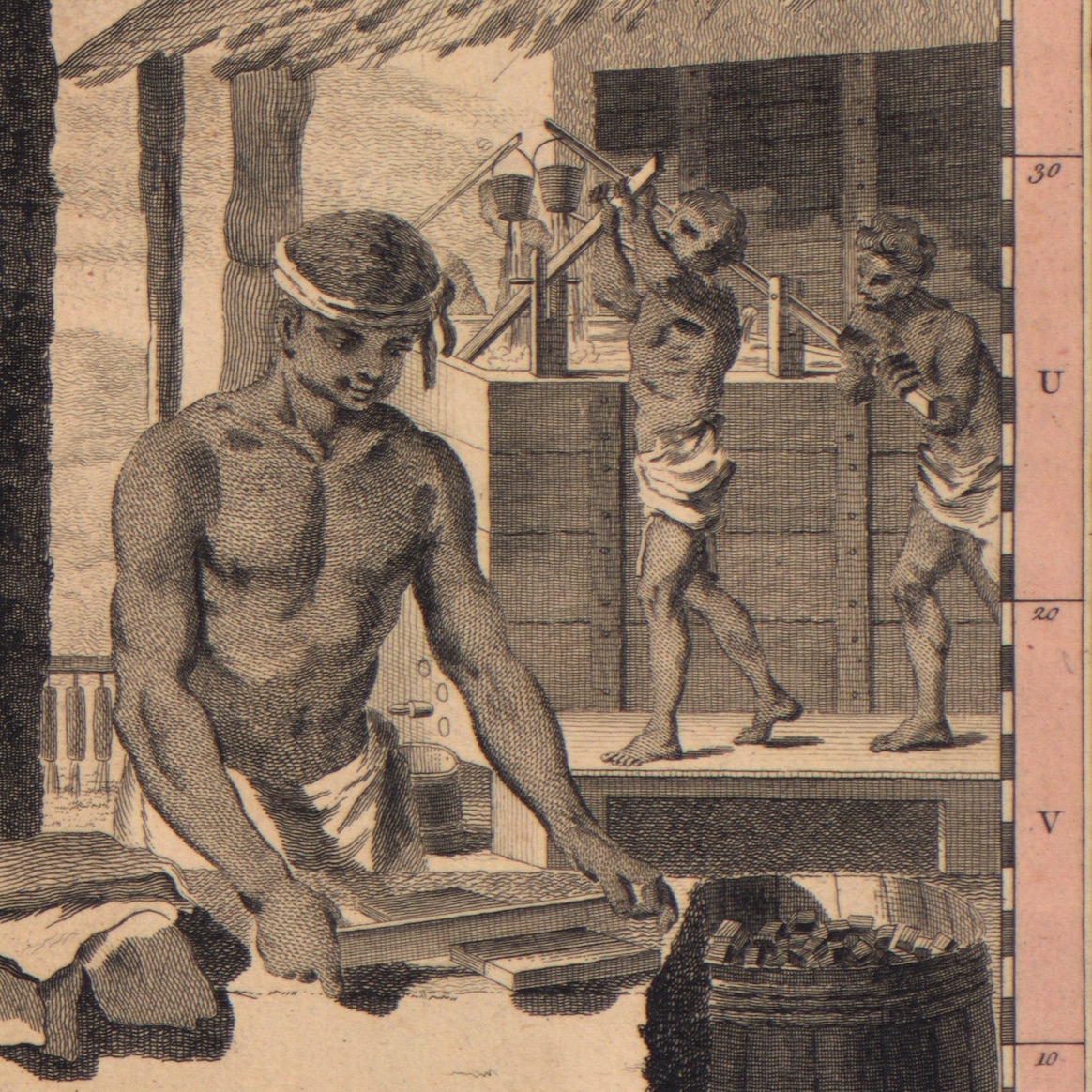 A depiction of enslaved men making indigo.