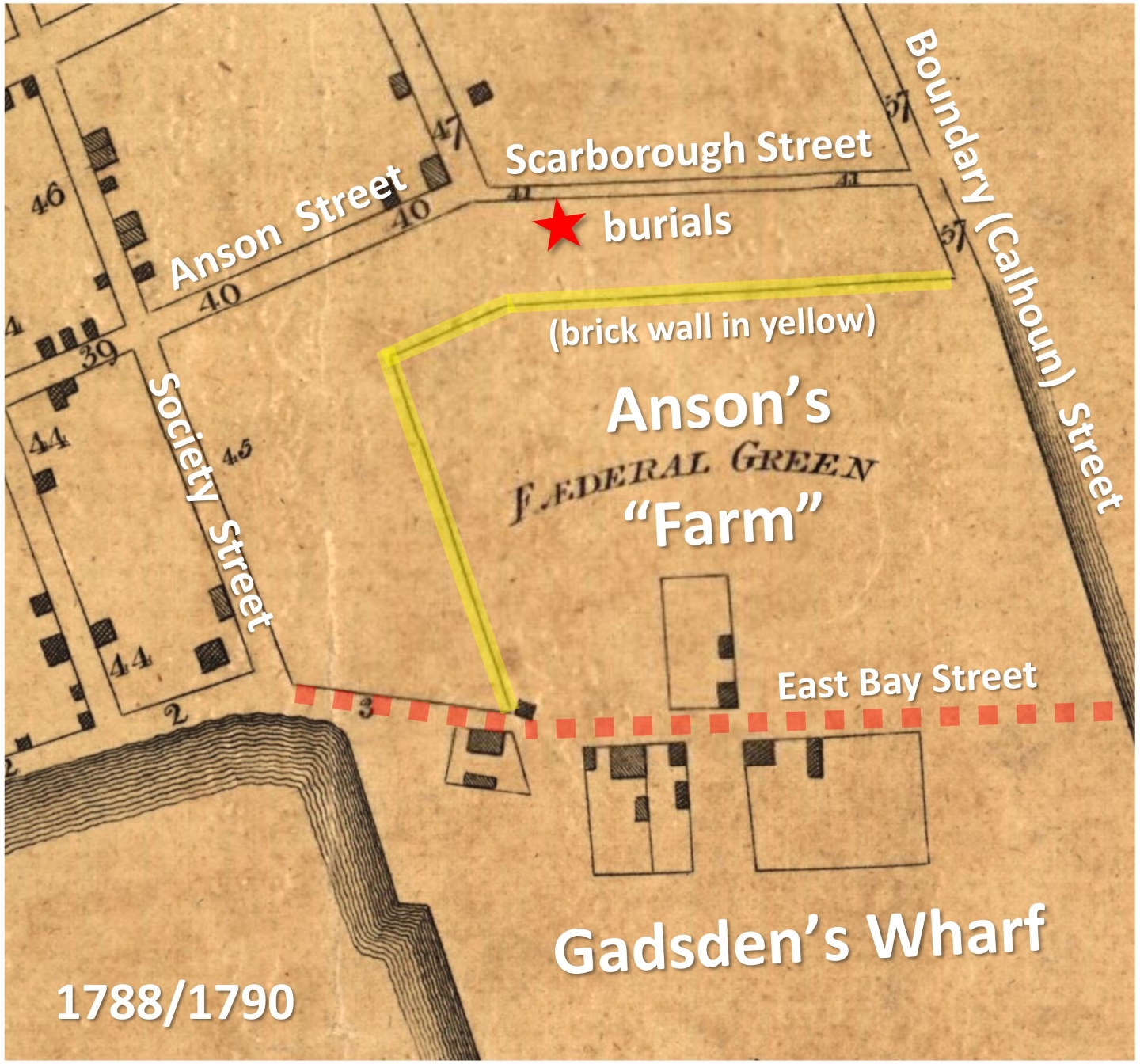 Illustration of Anson&#039;s Farm and Gadsden&#039;s Wharf from a 1790 map. 