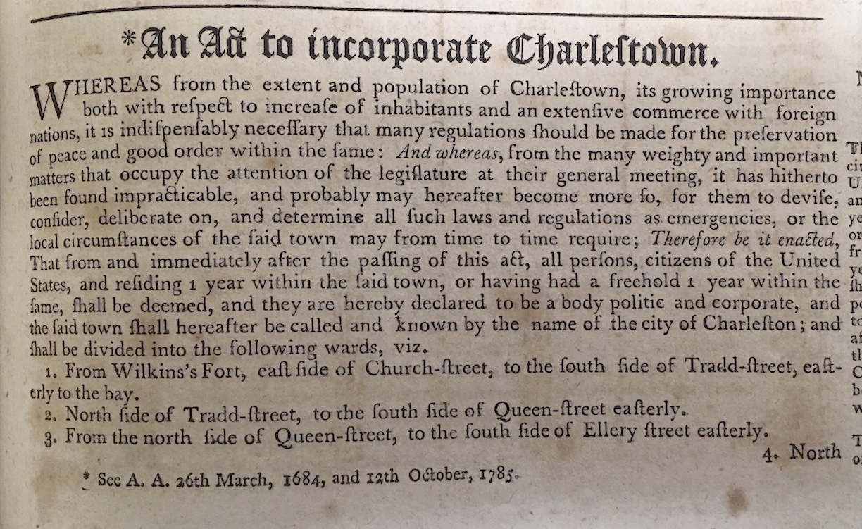 Grimke laws of 1790 identify the city&#039;s name as Charlestown