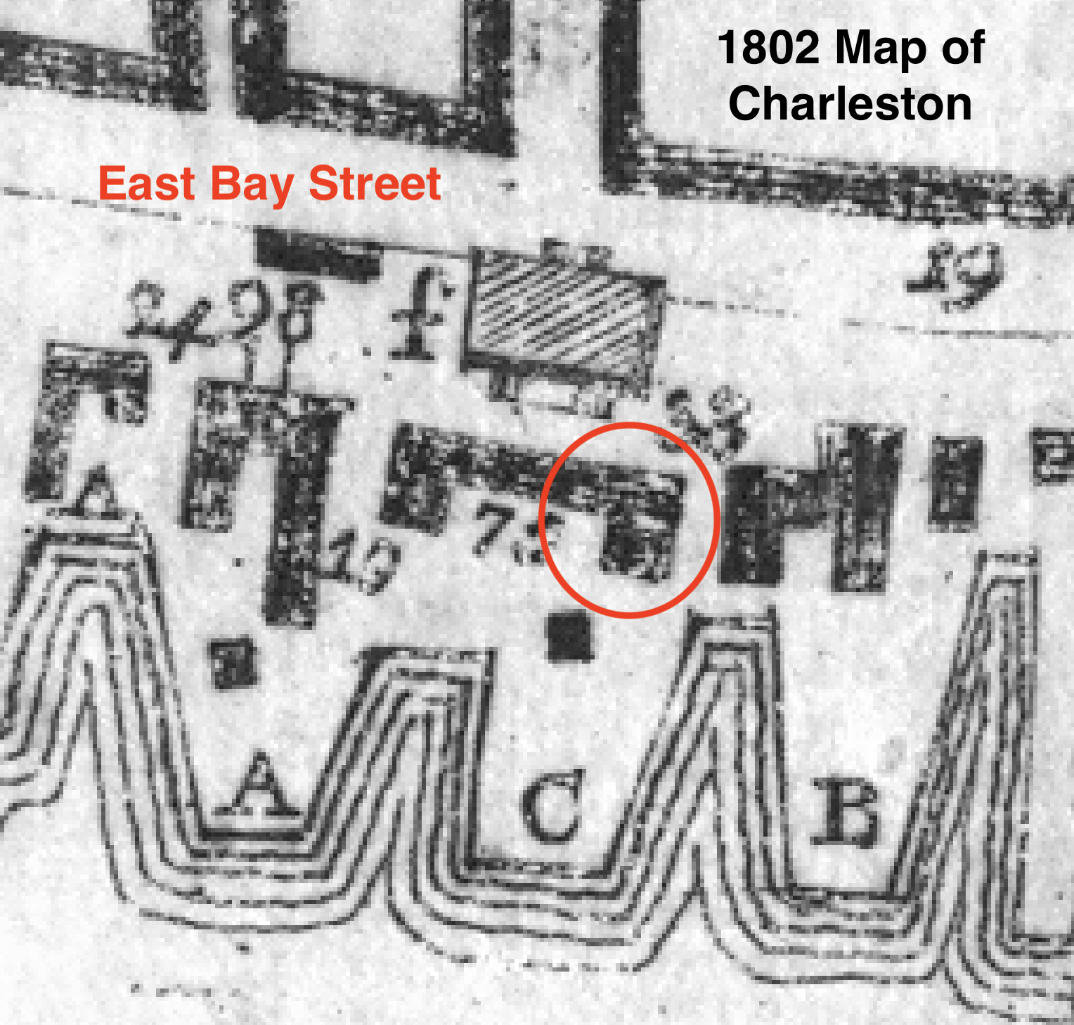 1802 map of Charleston showing the location of the 1795 dance.