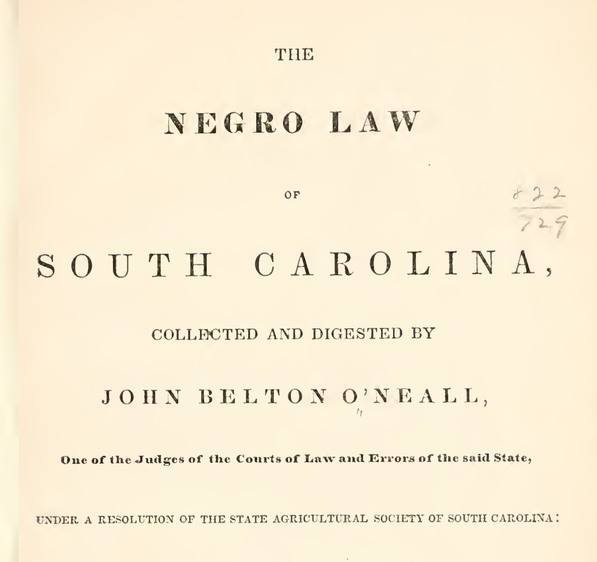Title page of 1848&#039;s legal digest titled The Negro Law of South Carolina.