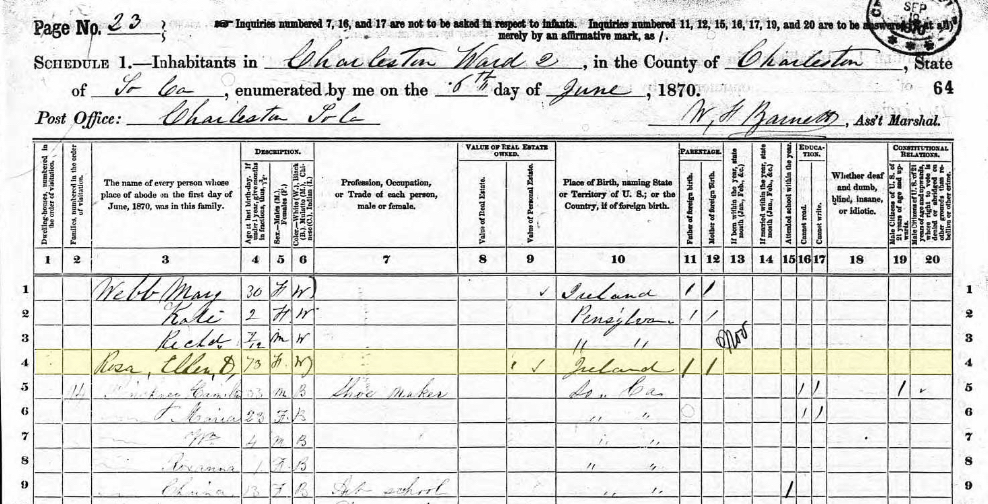 The 1870 Census. The highlighted line shows Ellen D Rosa. 