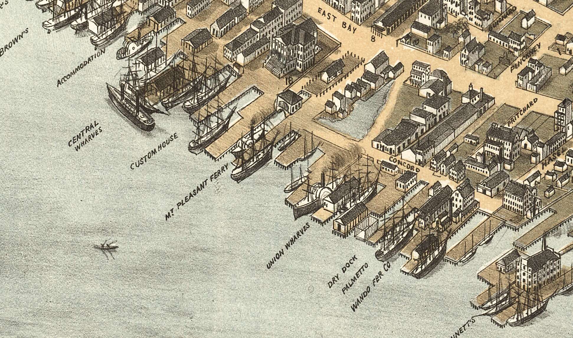 An 1872 drawing of the ferry wharves along the coast of the peninsula.