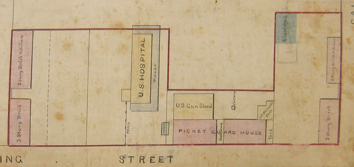 Buildings along the western edge of Marion Square and at the corner of King and Calhoun Streets in 1876, from a plat in the Charleston Archive at CCPL.