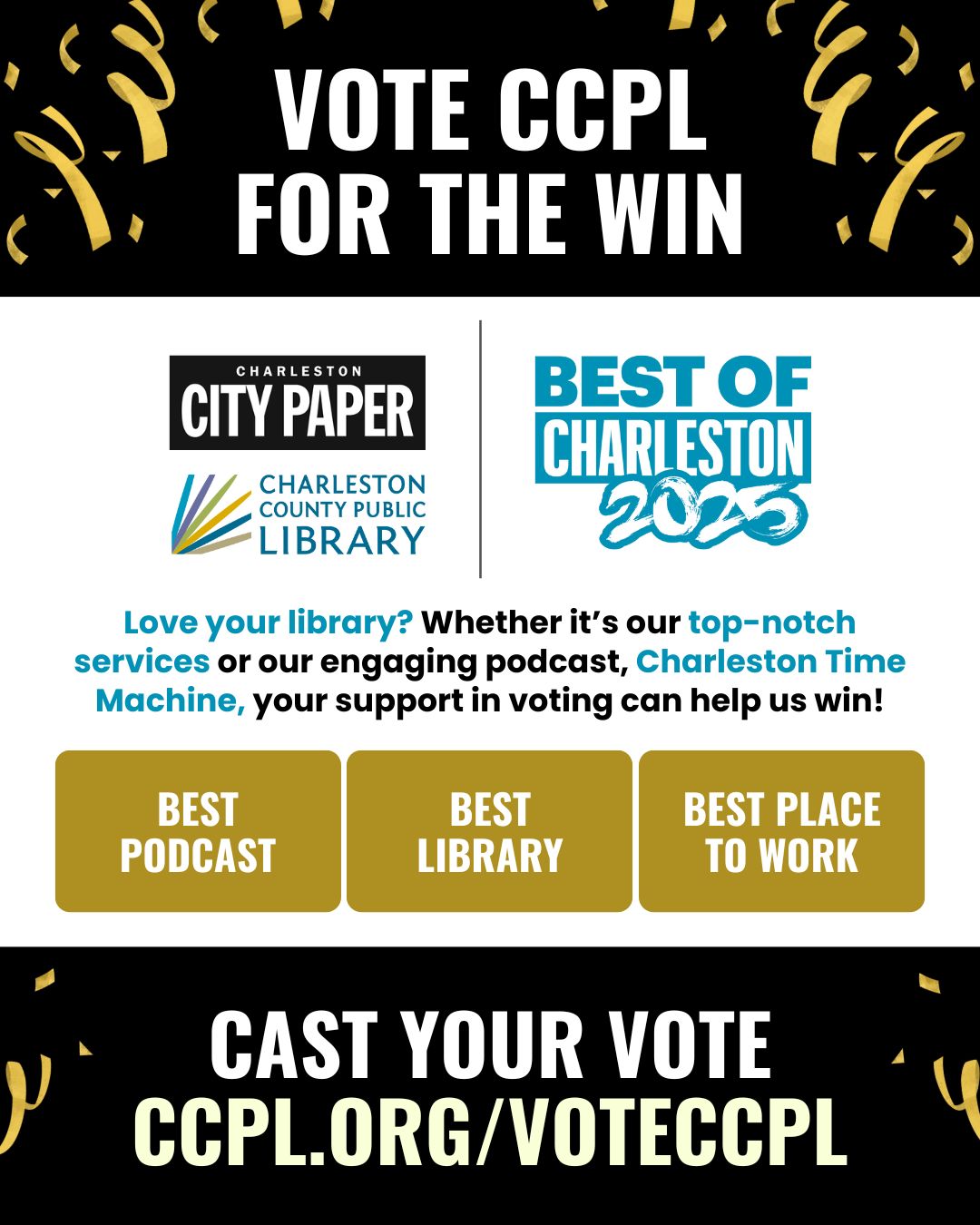 Thanks to your nominations we&#039;re finalists in three categories for the Charleston City Paper&#039;s 2025 Best of Charleston Awards! They include Best Podcast, Best Library and Best Place to Work.