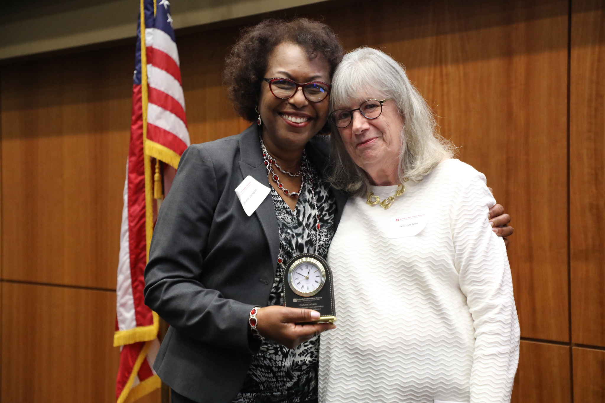 Darlene Jackson (left) is presented the Lifetime Achievement Award from Dr. Jennifer Arns with University of South Carolina&#039;s School of Information Science. 