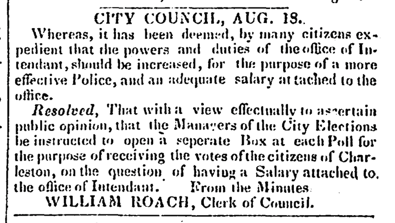 A notice in the August 21, 1822 edition of the Charleston Courier to vote on the intendant receiving a salary.