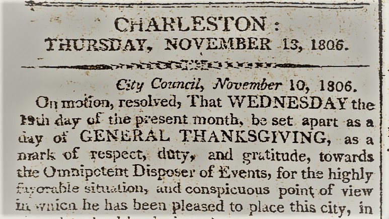 City Gazette from 13 Nov. 1806 identifying the Thanksgiving holiday
