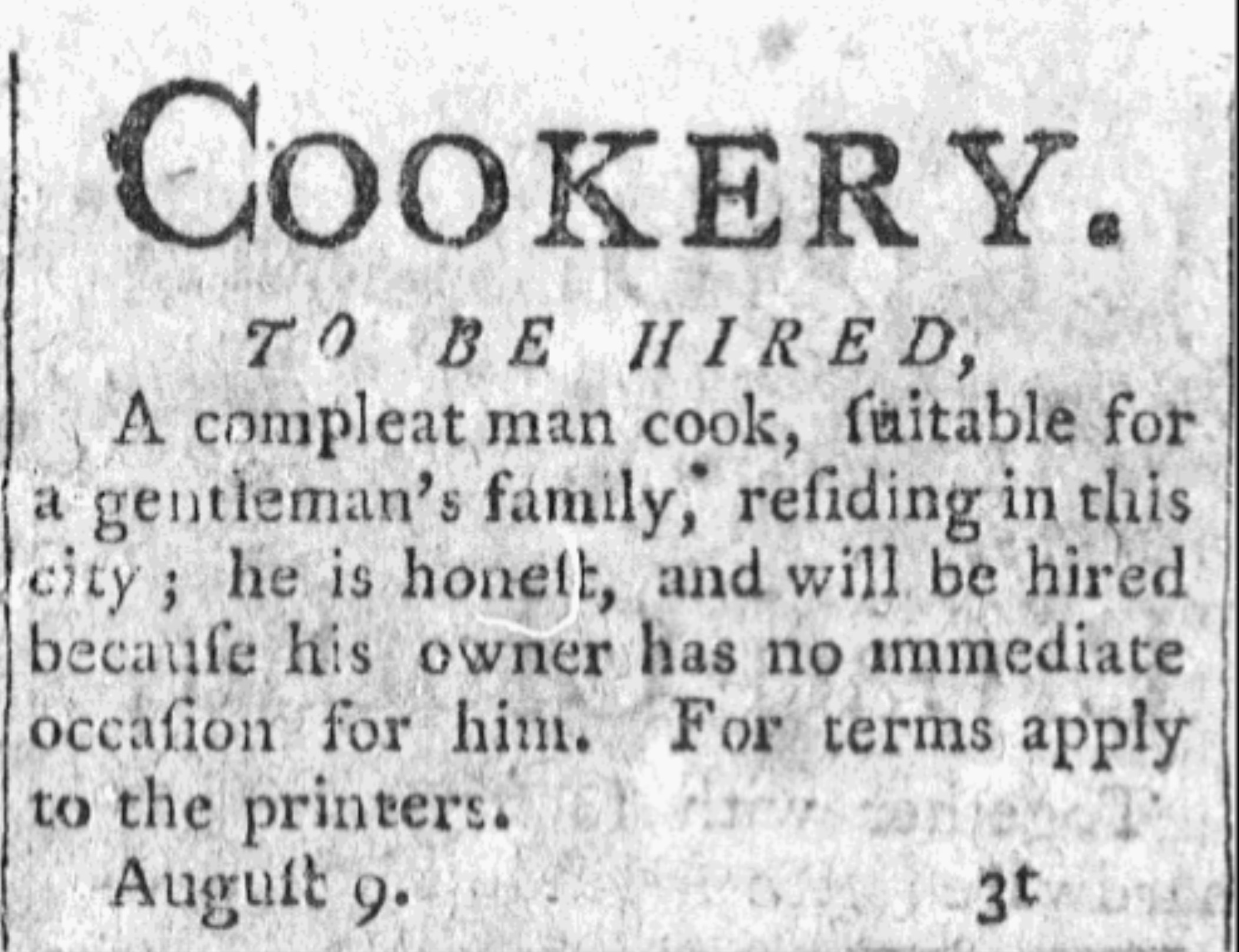 An advertisement for a Cookery in the August 9, 1791 edition of the City Gazette.