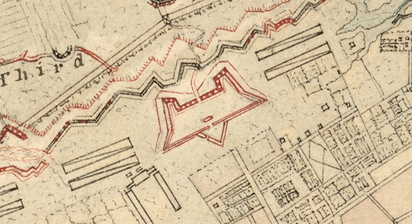 A close up of the 1780 map of the Horn Work in Charleston.