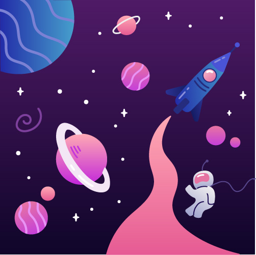 Artwork - Spaceship, astronaut, in space around planets and stars