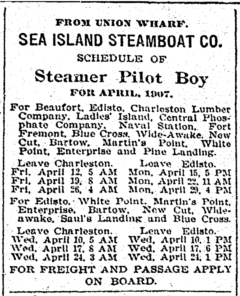 News and Courier advertisement from May 2, 1907 advertising steamer schedules.