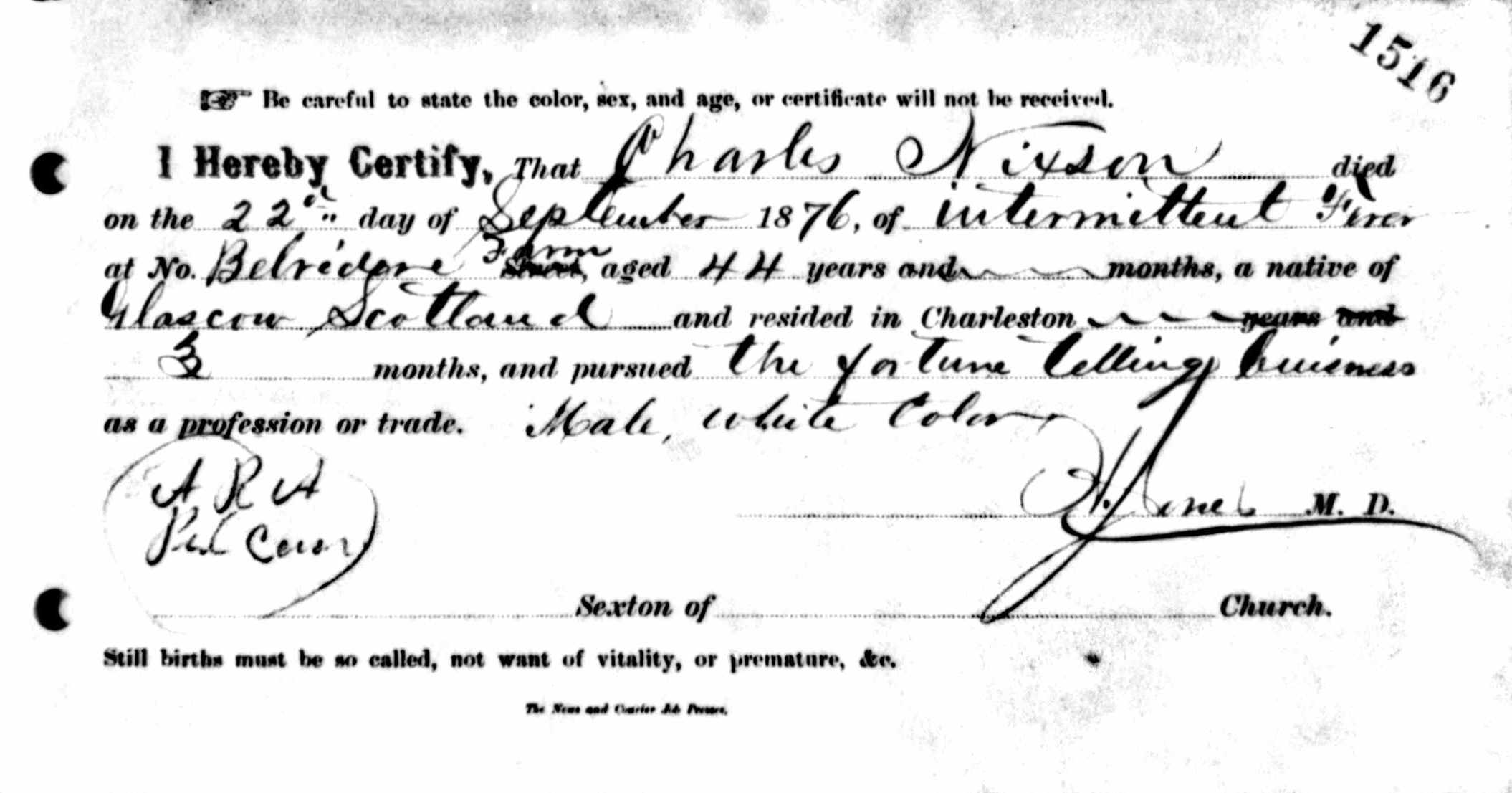 Nixon death certificate in 1876.