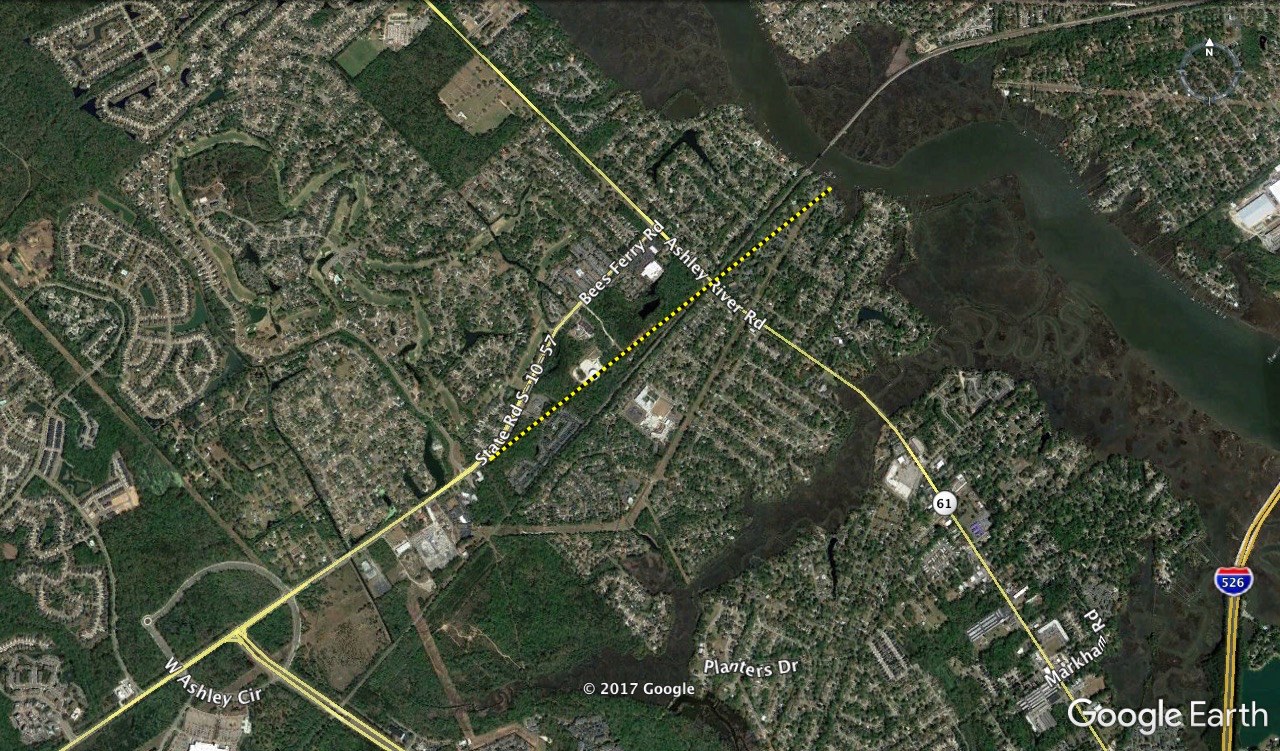 The dotted yellow line shows the original path of the northeast end of Ashley (Bee’s) Ferry Road