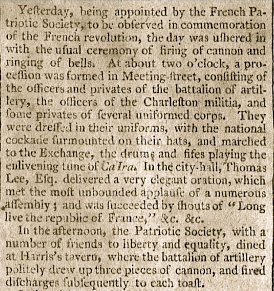 Bastille Day news from the [Charleston] City Gazette, 17 July 1793