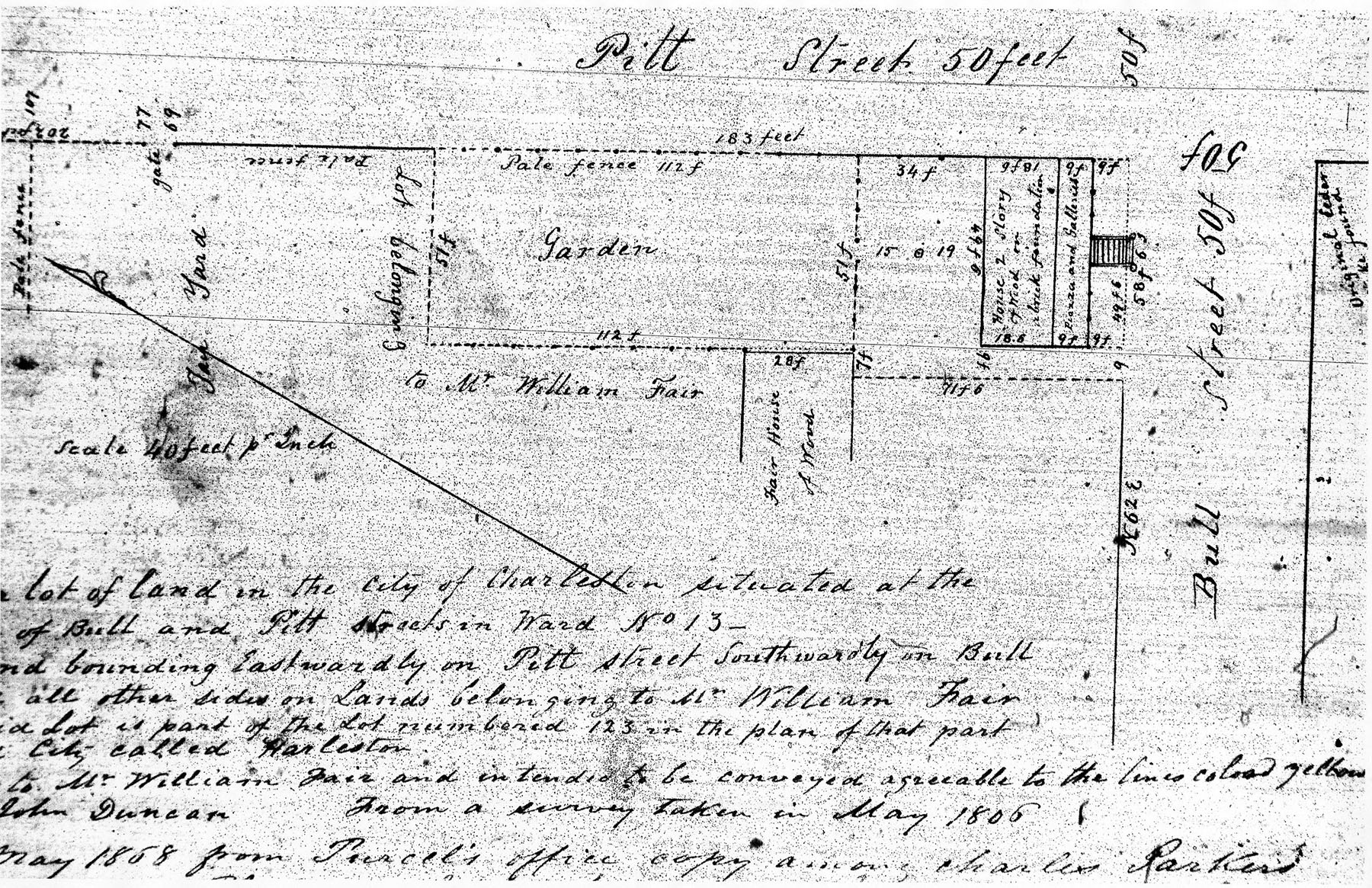 An 1858 copy of an 1806 plat of John Duncan’s property at the northwest corner of Bull and Pitt Streets (McCrady Plat Collection No. 3657)