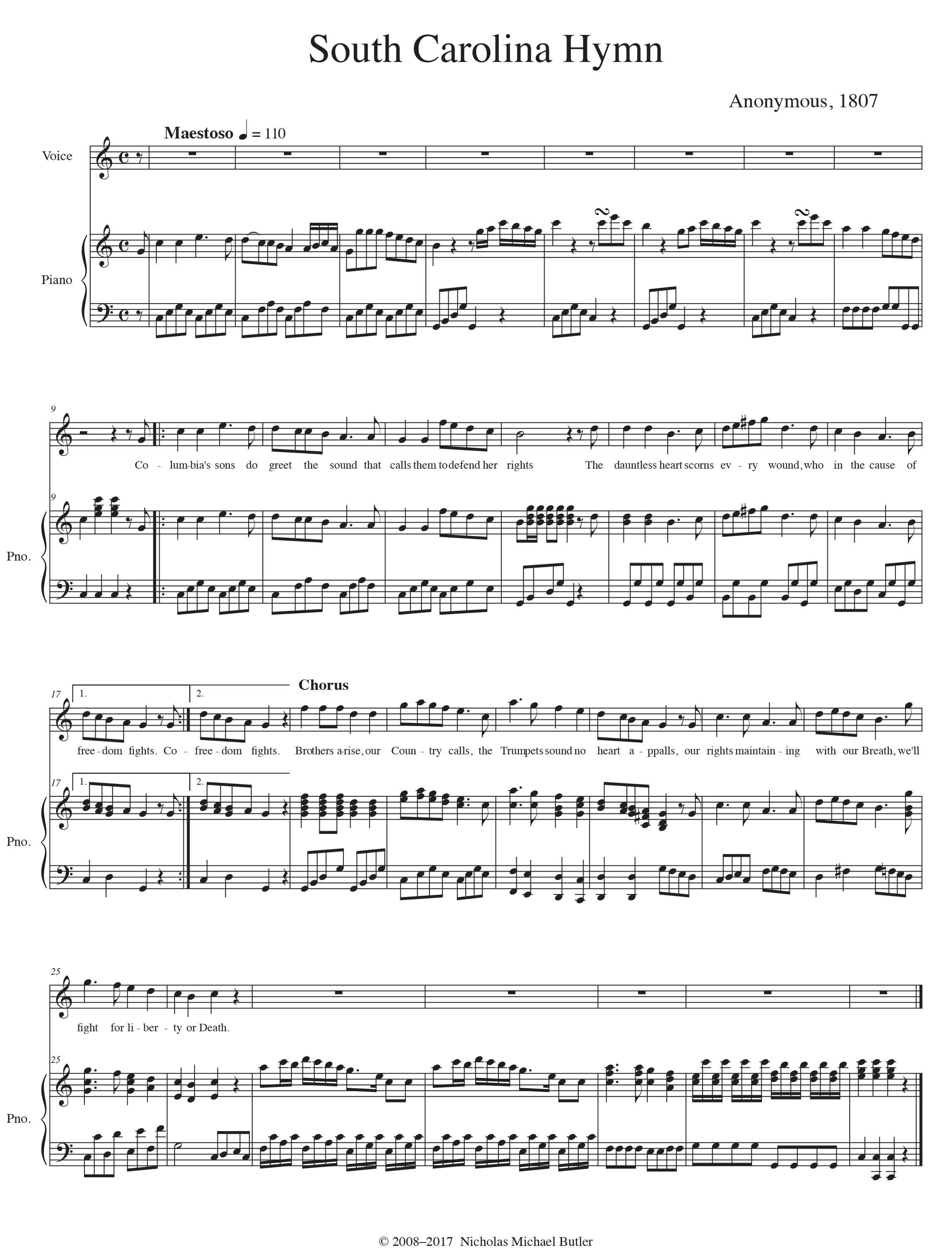 Nic Butlers’ edition of the “South Carolina Hymn” of 1807 