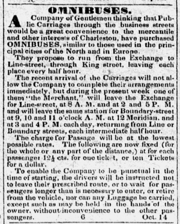 Introducing the Omnibus, in the Charleston Southern Patriot, 14 October 1833