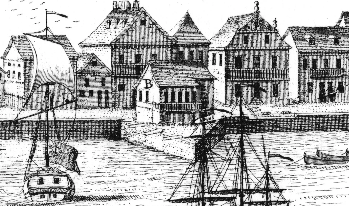 A 1739 depiction of the east end of Tradd Street in Charleston. The Court Room sits above the Exchange.
