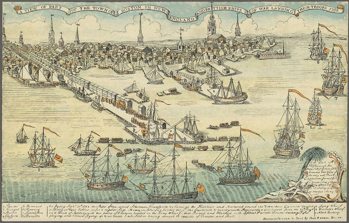 The view of British troops landing at Boston, an engraving by Paul Revere.