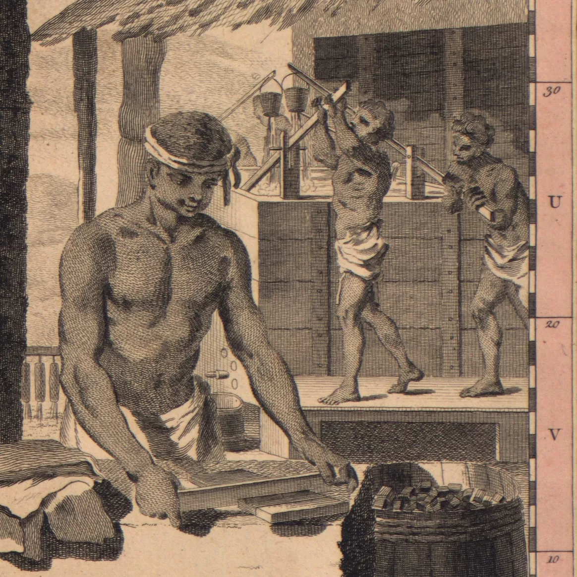 A depiction of enslaved men making indigo.