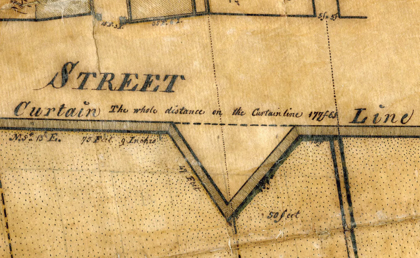 1784 Curtain Line detail, from a post-war plat showing the intact brickwork of the curtain line and the redan near the east end of Lodge Alley