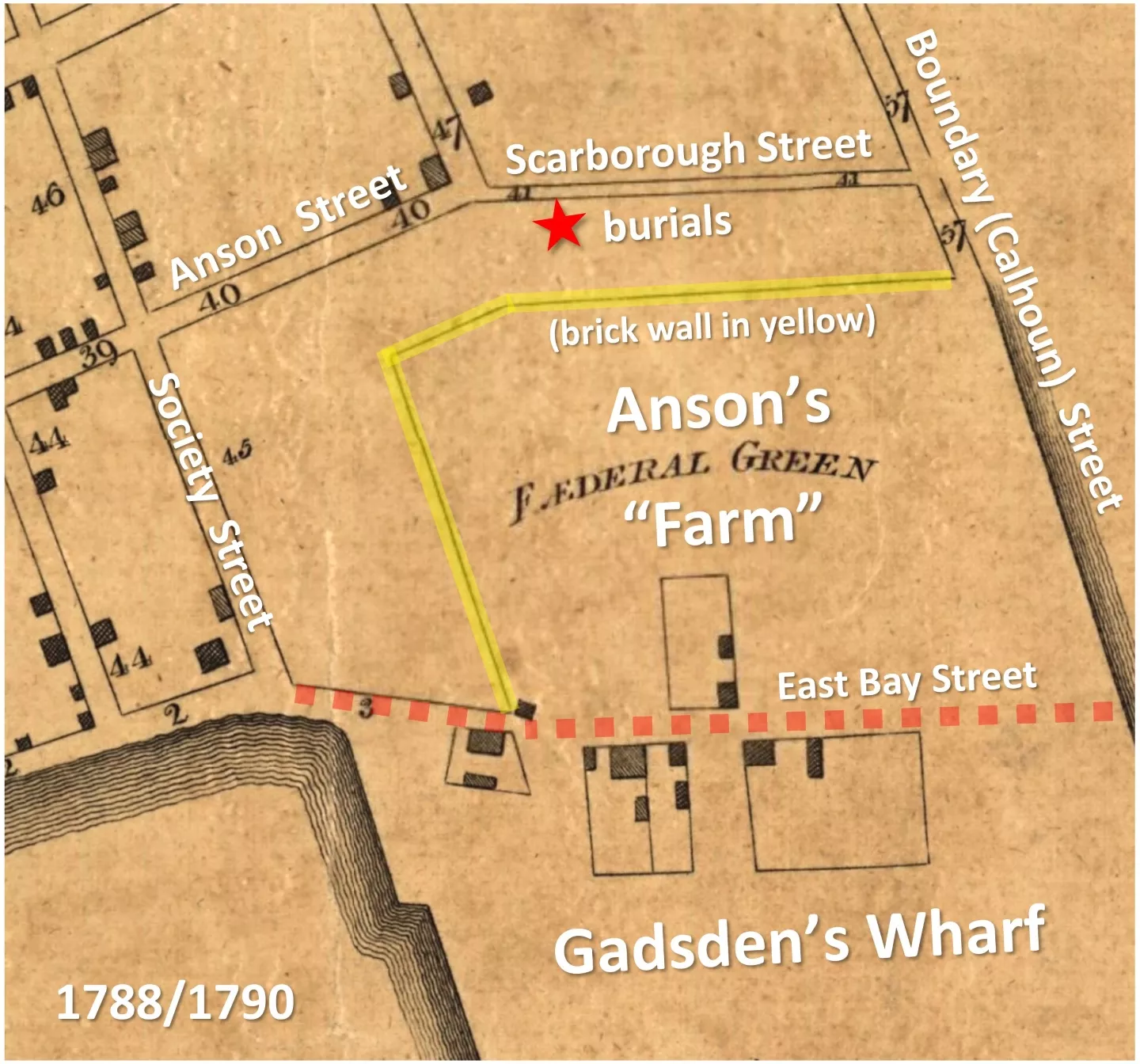 Illustration of Anson&#039;s Farm and Gadsden&#039;s Wharf from a 1790 map. 