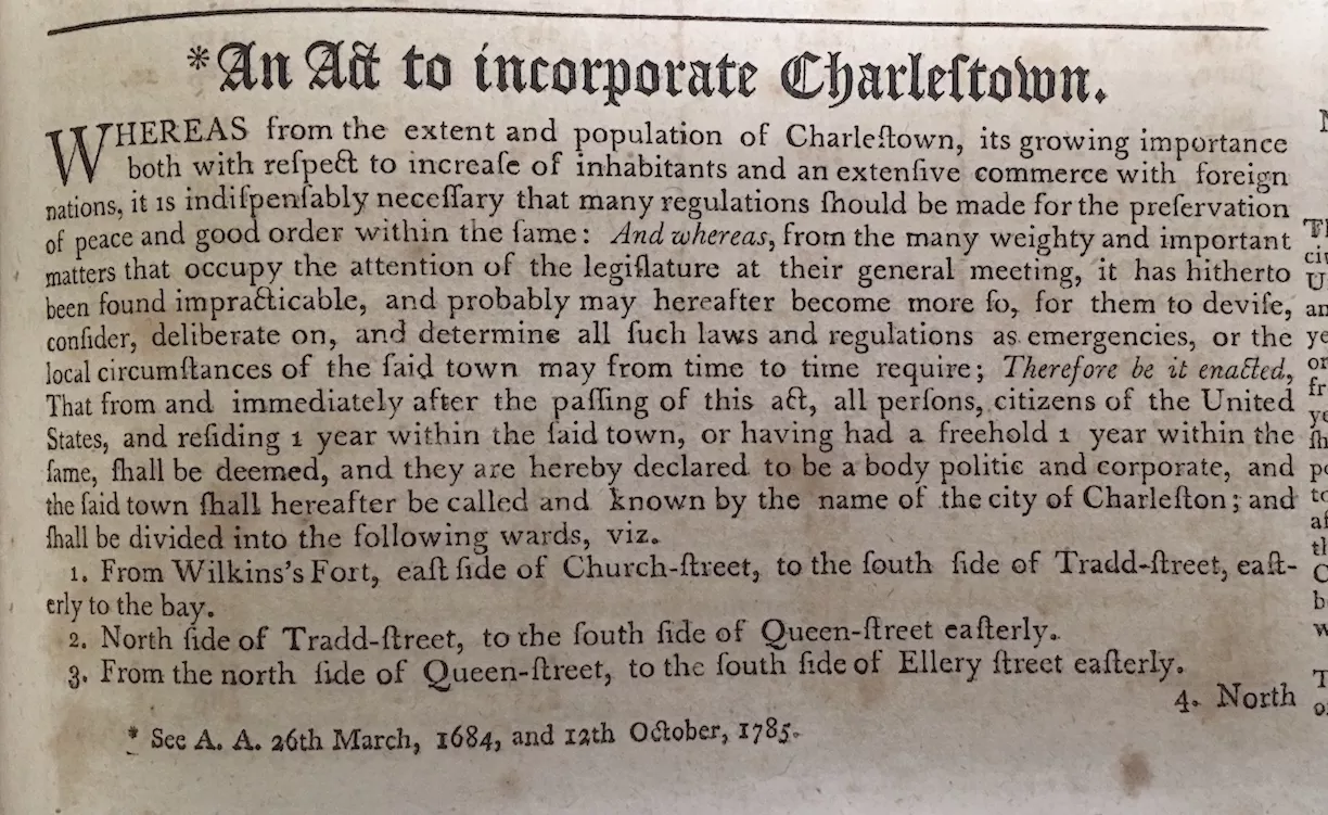 Grimke laws of 1790 identify the city&#039;s name as Charlestown