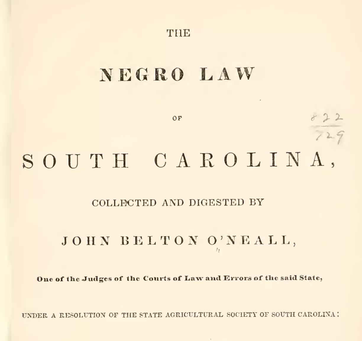 Title page of 1848&#039;s legal digest titled The Negro Law of South Carolina.