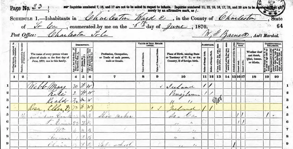 The 1870 Census. The highlighted line shows Ellen D Rosa. 