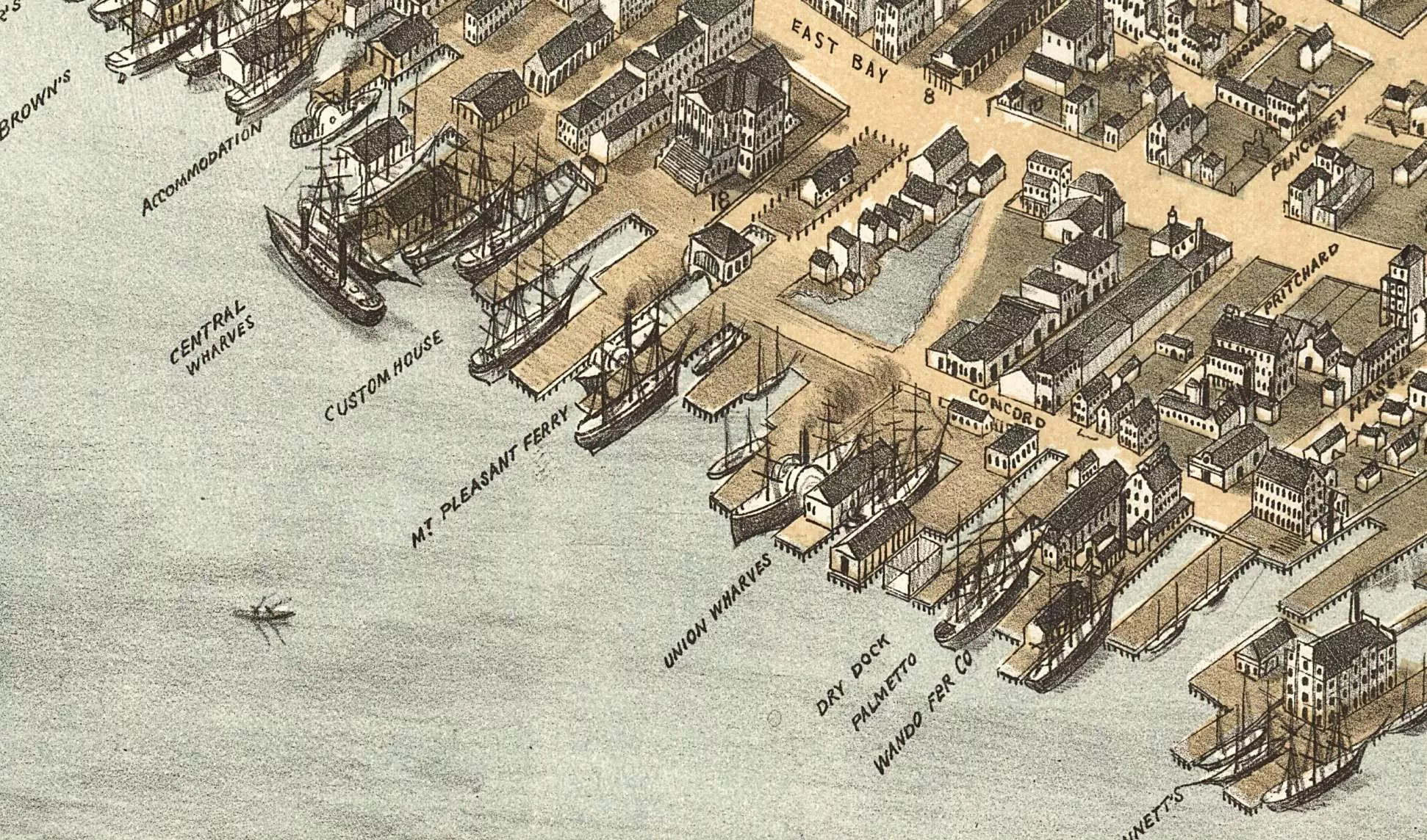 An 1872 drawing of the ferry wharves along the coast of the peninsula.