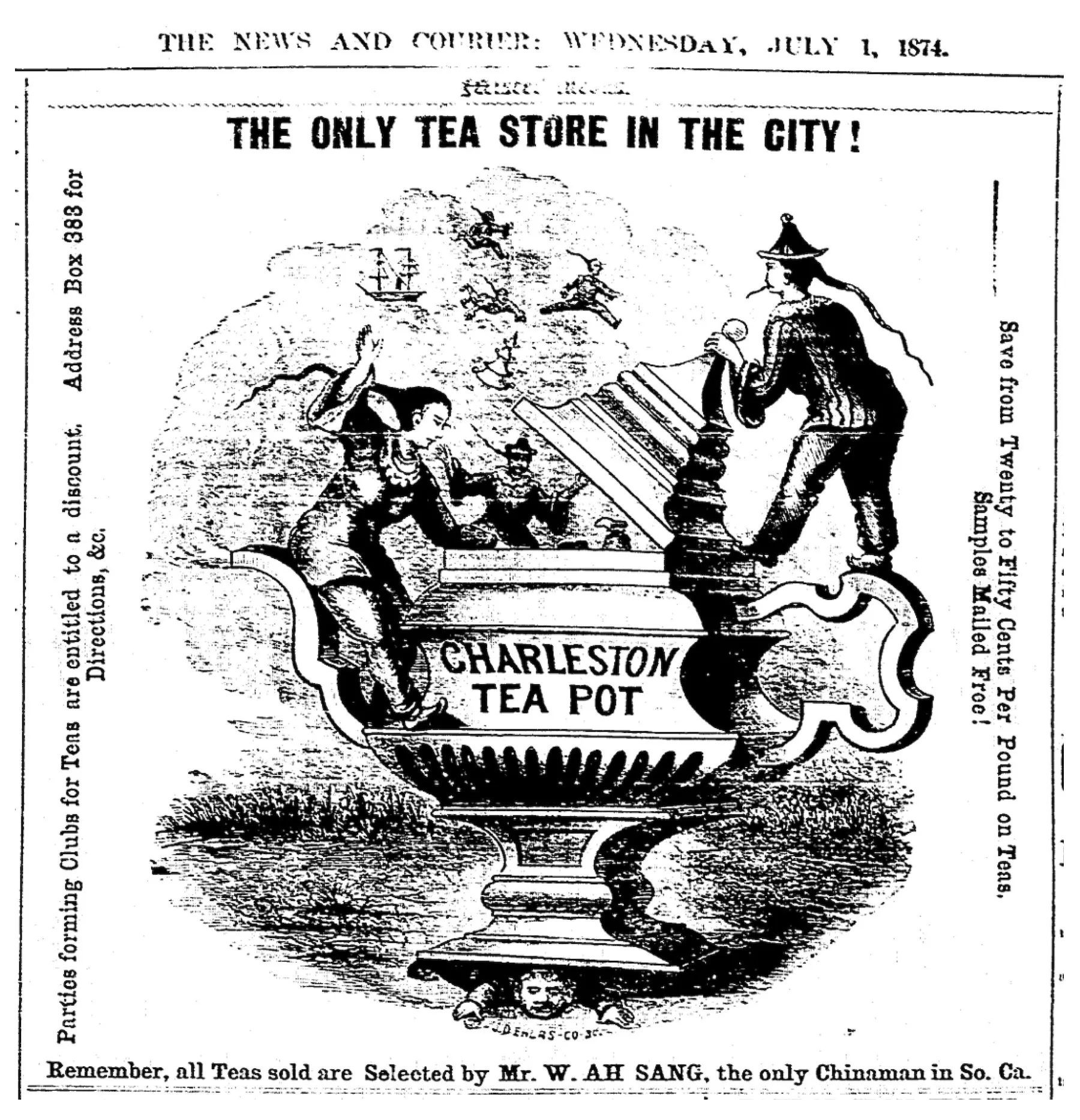 1874 advertisement for the Charleston Teapot, featuring Chinese figures; from the Charleston News and Courier, 1 July 1874, page 3