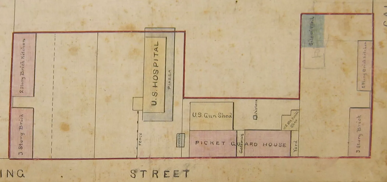 Buildings along the western edge of Marion Square and at the corner of King and Calhoun Streets in 1876, from a plat in the Charleston Archive at CCPL.