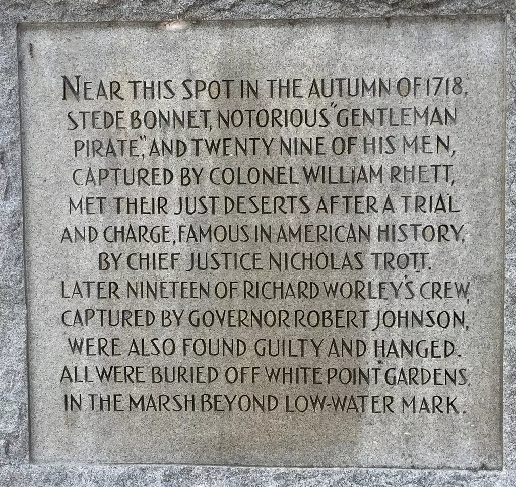 In the spring of 1943, the City of Charleston’s own Historical Commission discussed the idea of erecting some sort of historical marker to commemorate the execution of Major Stede Bonnet and the other pirates executed at White Point in 1718. 