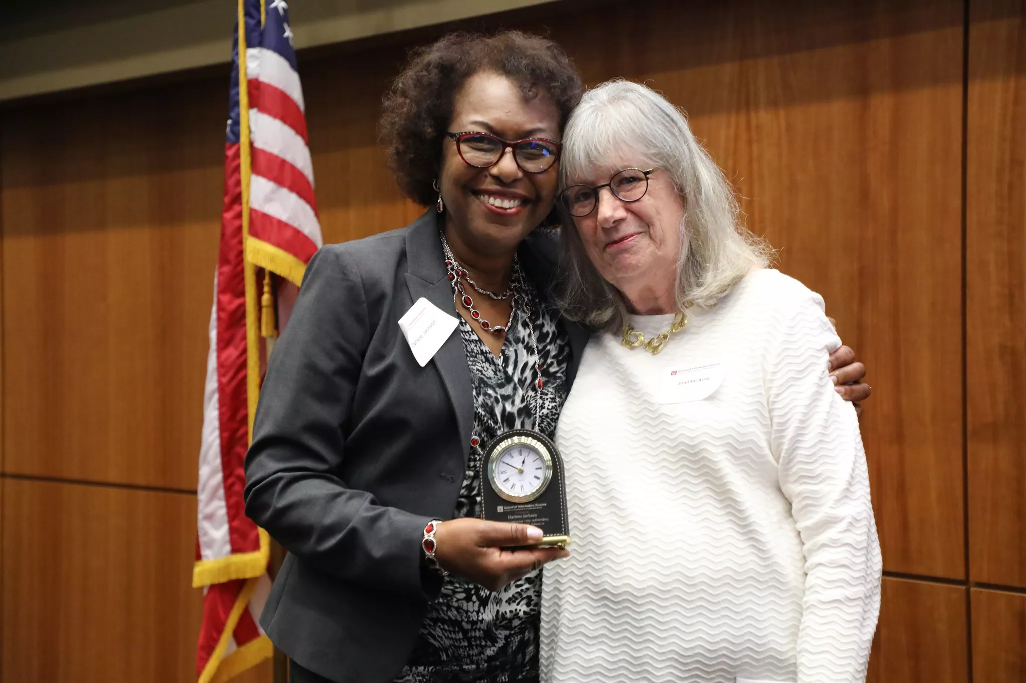 Darlene Jackson (left) is presented the Lifetime Achievement Award from Dr. Jennifer Arns with University of South Carolina&#039;s School of Information Science. 