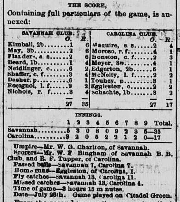 The Charleston-Savannah box score in the July 27, 1869 edition of the Charleston Daily News.