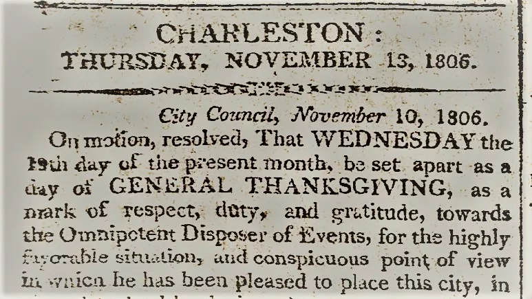 City Gazette from 13 Nov. 1806 identifying the Thanksgiving holiday