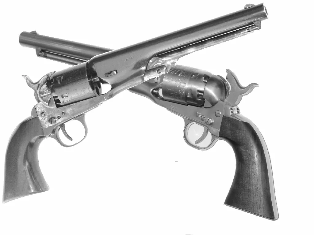 The Colt Navy (left, foreground) and Army (right, background) pistols of the 1860s were popular civilian weapons of that era. Thomas J. Mackey probably carried the slightly lighter, .36 caliber Navy model to City Hall in 1869. (Image credit: Wikipedia) 