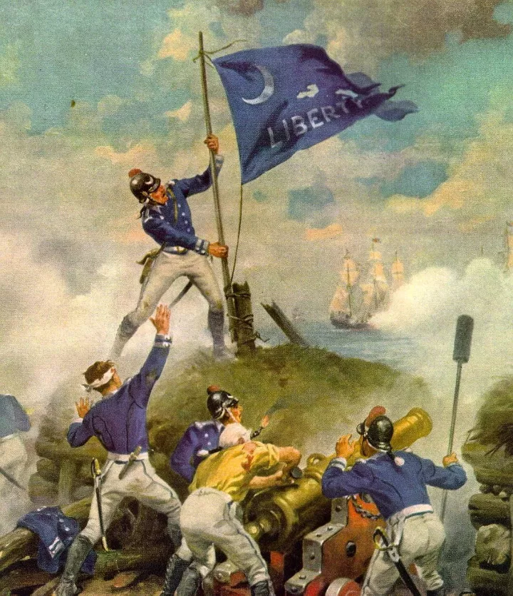 Sergeant William Jasper raising the flag over Fort Sullivan in 1776.