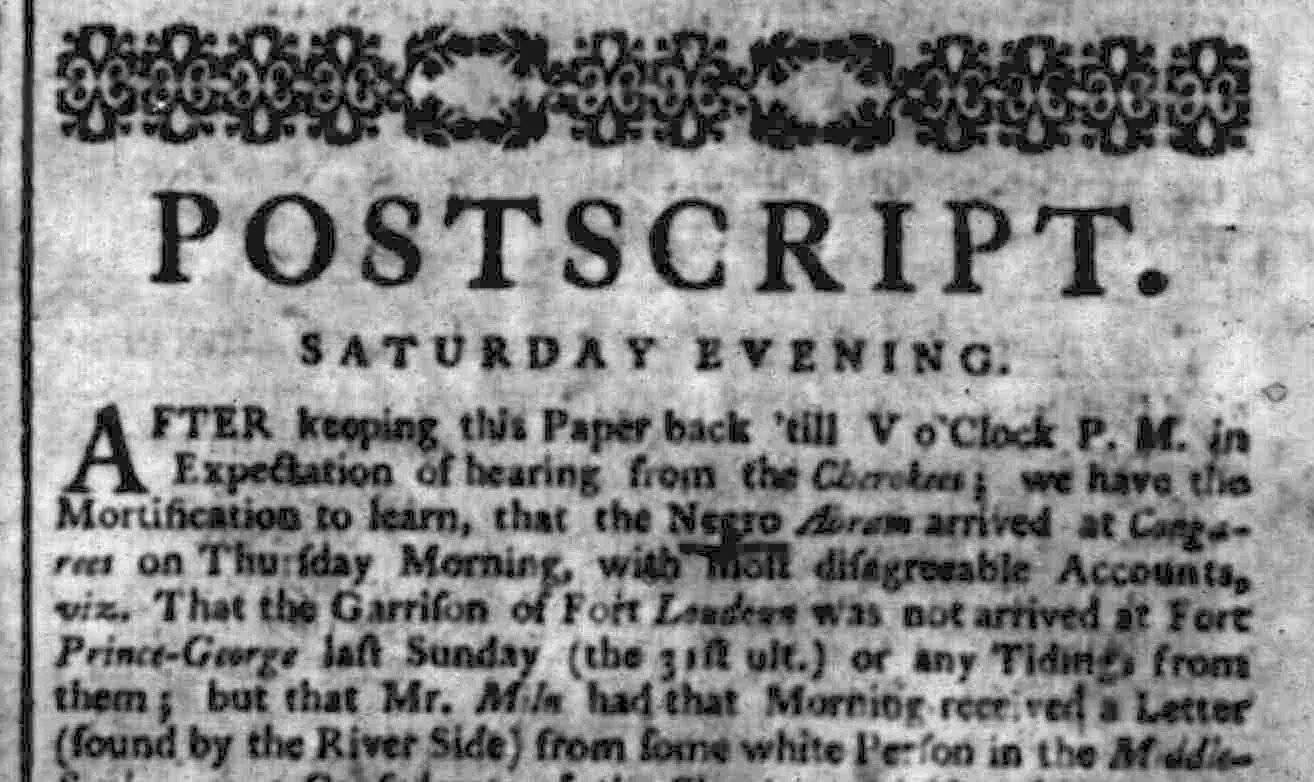 More news from Abraham in the Sept. 6, 1760 edition of the SC Gazette.