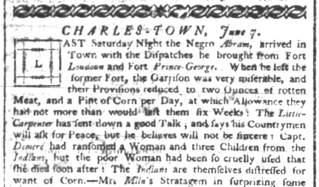 A June 7, 1760 edition of the South Carolina Gazette recounts Abraham&#039;s tale.