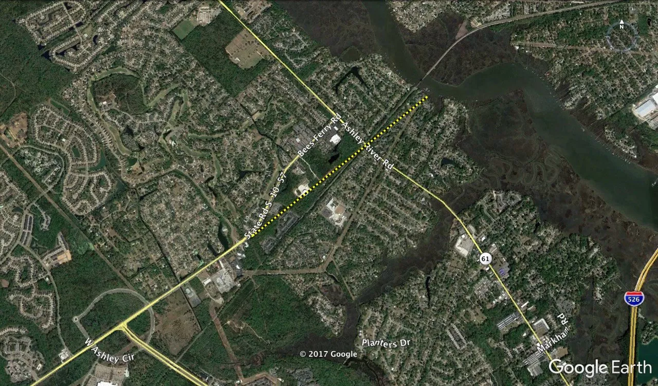 The dotted yellow line shows the original path of the northeast end of Ashley (Bee’s) Ferry Road