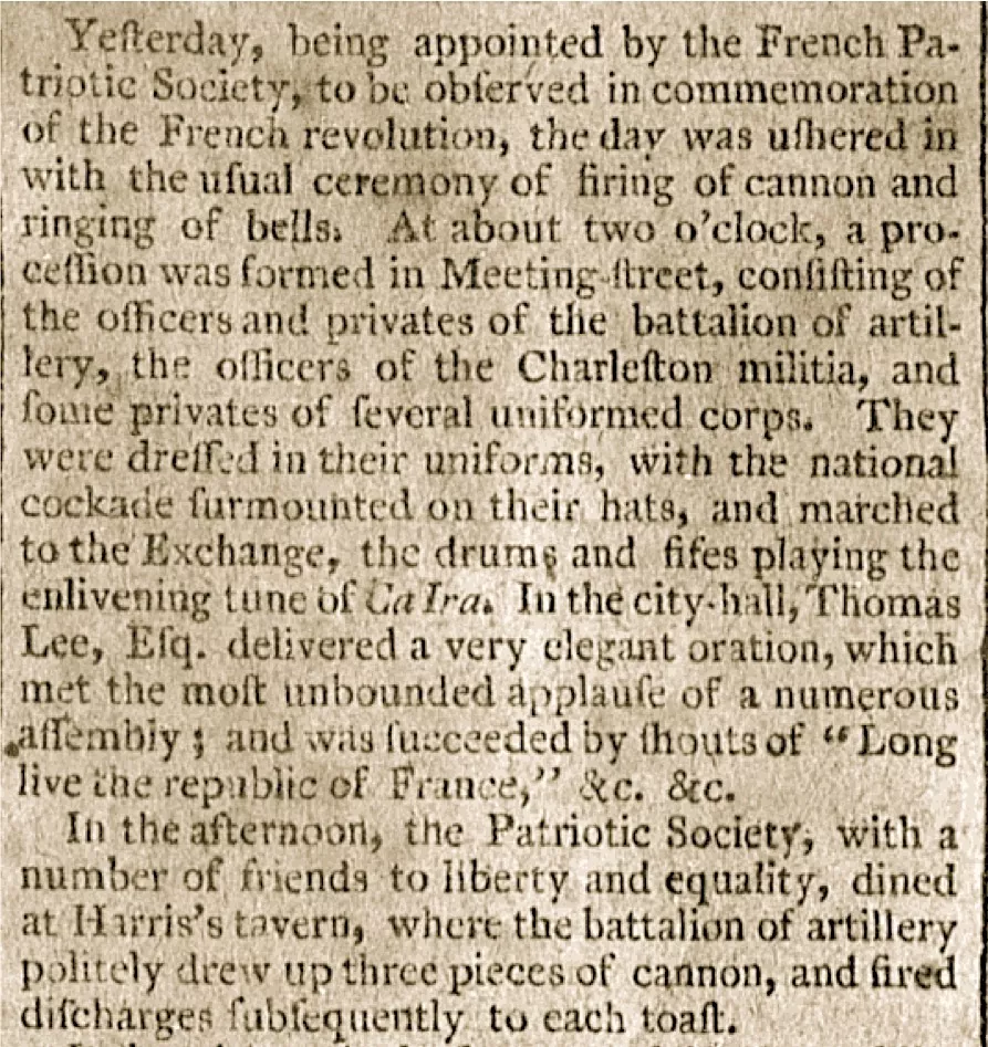 Bastille Day news from the [Charleston] City Gazette, 17 July 1793