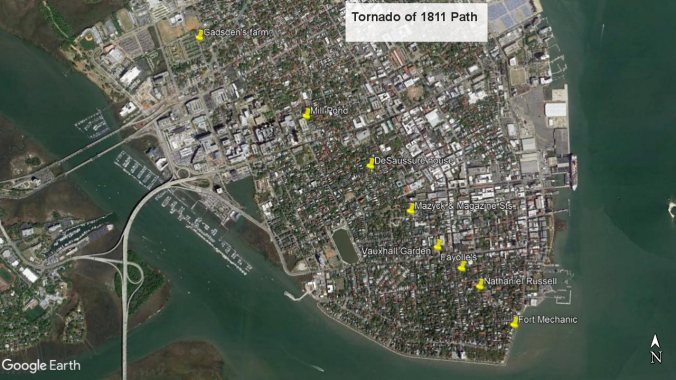 A map of the path of the tornado of 1811, with landmarks mentioned in newspaper accounts.